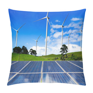Personality  Solar Panel And Wind Turbine Farm Clean Energy. Pillow Covers