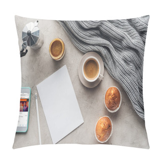 Personality  Top View Of Cup Of Coffee With Muffins, Blank Paper And Smartphone With Soundcloud App On Screen On Concrete Surface With Knitted Wool Drapery Pillow Covers