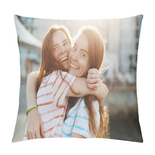 Personality  Free Hugs Always In Trend. Portrait Of Happy Attractive Female Redhead With Freckles In Matching Striped T-shirt, Hugging And Laughing From Happiness, Walking Along Streets, Having Fun Together Pillow Covers