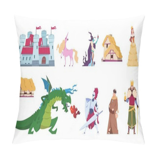 Personality  Fairy Tale Characters. Medieval Cartoon Castles And Persons, Kings Wizards Dragon And Knight. Vector Flat Prince And Princess Magic Set Pillow Covers