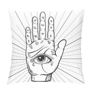 Personality  Fortune Teller Hand With Palmistry Diagram, Handdrawn All Seeing Pillow Covers