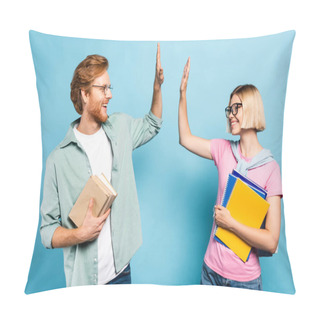 Personality  Young Students In Glasses Holding Notebooks And Books While Giving High Five On Blue  Pillow Covers