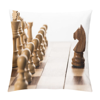 Personality  Selective Focus Of Brown Knight Against Chess Pieces On Chessboard Isolated On White Pillow Covers