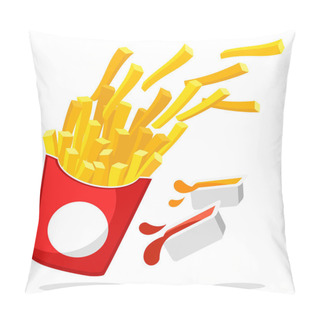 Personality  French Fries Flying Out Of A Box With Two Sauces On A White. Fast Food Pillow Covers
