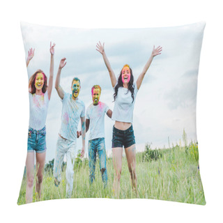 Personality  Happy Multicultural Friends With Colorful Holi Paints On Faces Gesturing While Standing Outside  Pillow Covers
