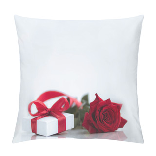 Personality  White Gift Box With Red Ribbon And A Beautiful Dark Red Rose On White Background. Christmas And New Year Holidays Concept. Pillow Covers