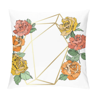 Personality  Vector. Rose Flowers And Golden Crystal Frame. Orange, Yellow And Coral Roses Engraved Ink Art. Geometric Crystal Polyhedron Shape On White Background. Pillow Covers