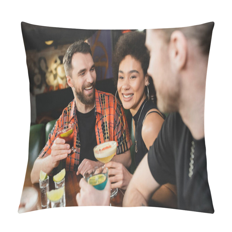 Personality  Cheerful Interracial Friends Talking Near Cocktails And Tequila Shots With Fresh Lime In Bar  Pillow Covers