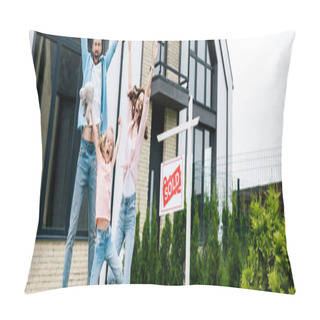 Personality  Panoramic Shot Of Happy Kid Jumping With Parents Near House  Pillow Covers