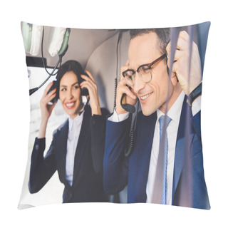 Personality  Smiling Businesswoman And Businessman In Headsets Sitting In Helicopter Cabin Pillow Covers