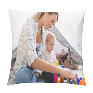Personality  Smiling Woman Playing With Construction Cubes With Son On Carpet Near Kids Wigwam  Pillow Covers