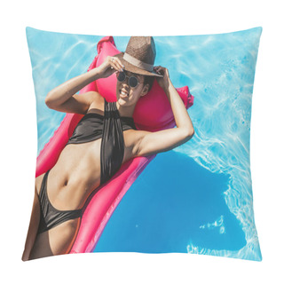 Personality  Attractive Asian Woman In Swimsuit And Straw Hat Relaxing On Pink Inflatable Mattress In Water Pillow Covers