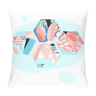 Personality  Hand Drawn Vector Artistic Universal Textured Abstract Composition Witth Hexagon Shapes,hand Made Textures And Nature Motifs In Pastel Colors Isolated On White Background.Unusual Trendy Spring Design. Pillow Covers