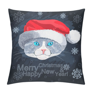 Personality  Blue-eyed Cat In The Hat Of Santa Claus Pillow Covers