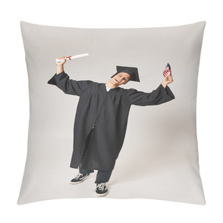 Personality  American Young Student In Graduate Outfit Happy To Have Completed His Studies On Grey Background Pillow Covers