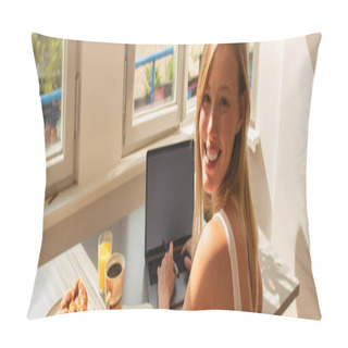 Personality  Blonde Woman Looking At Camera While Using Laptop Near Breakfast At Home, Banner  Pillow Covers