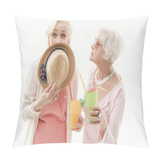 Personality  Surprised Senior Ladies Drinking Beverage On Vacation Pillow Covers