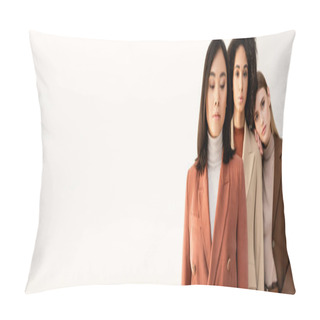 Personality  Asian Woman In Suit Standing Near Multicultural Friends On Isolated White And Blurred Background, Banner Pillow Covers
