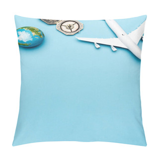Personality  Top View Of White Plane Model, Compass, Globe On Blue Background Pillow Covers