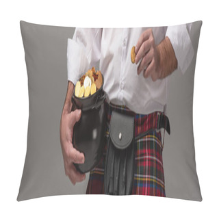 Personality  Cropped View Of Scottish Man In Red Kilt Holding Potty With Gold Coins On Grey Background, Panoramic Crop Pillow Covers