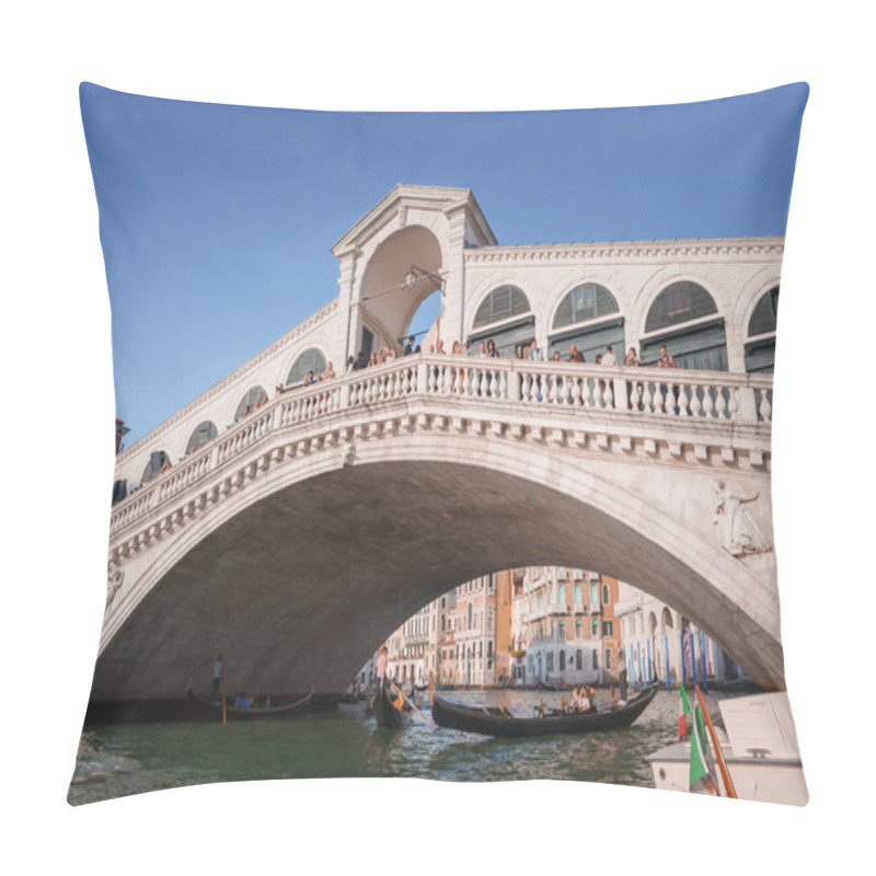 Personality  Experience the timeless beauty of Venice with a stunning view of the iconic Rialto Bridge arching over the Grand Canal, surrounded by traditional Venetian architecture and the charm of summertime. pillow covers