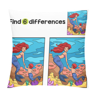 Personality  Find Or Spot The Differences On This Mermaid And A Young Merman Kids Activity Page. A Funny And Educational Puzzle-matching Game For Children. Pillow Covers