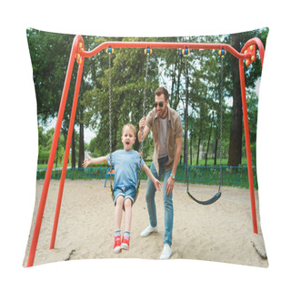 Personality  Father And Son Having Fun On Swing At Playground In Park Pillow Covers