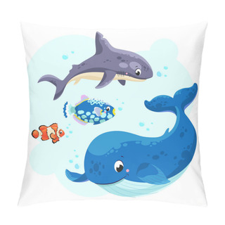 Personality  Sea Animals In The Sea. Cute Shark, Whale And Fish. Vector Illustration. Pillow Covers