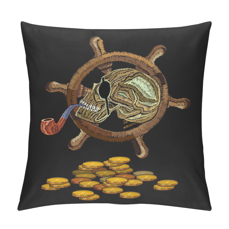 Personality  Embroidery skull pirate, steering wheel and golden coins pillow covers