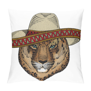Personality  Leopard, Jaguar Face. Sombrero Mexican Hat. Portrait Of Wild Animal. Pillow Covers