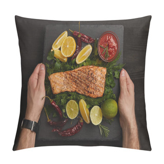 Personality  Partial View Of Male Hands, Grilled Salmon Steak, Sauce And Arranged Citrus Fruits On Black Surface Pillow Covers