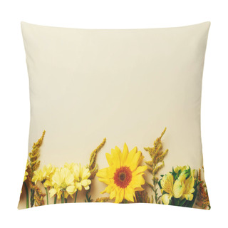 Personality  Flat Lay With Various Beautiful Flowers Arrangement On Beige Backdrop Pillow Covers