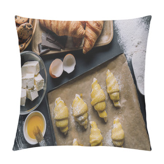 Personality  Flat Lay With Dough For Croissants On Tray, Yolk With Brush And Ingredients On Table Covered By Flour Pillow Covers