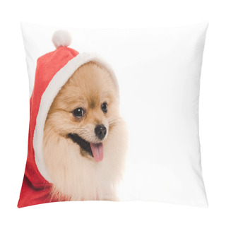 Personality  Pomeranian Spitz Dog In Santa Costume At Christmastime Isolated On White Pillow Covers