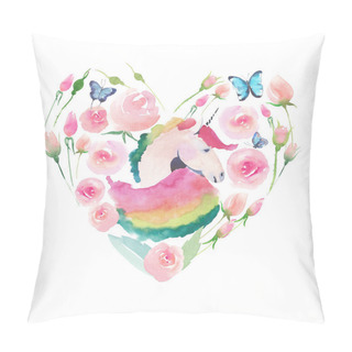 Personality  Bright Lovely Cute Fairy Magical Colorful Heart Of Unicorn With Spring Pastel Cute Beautiful Flowers Watercolor Hand Sketch Pillow Covers