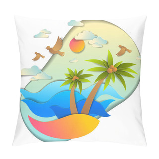 Personality  Beautiful Seascape With Sea Waves, Beach And Palms, Birds Clouds And Sun In The Sky, Vector Illustration In Paper Cut Style, Seashore Summer Beach Holidays Theme. Pillow Covers