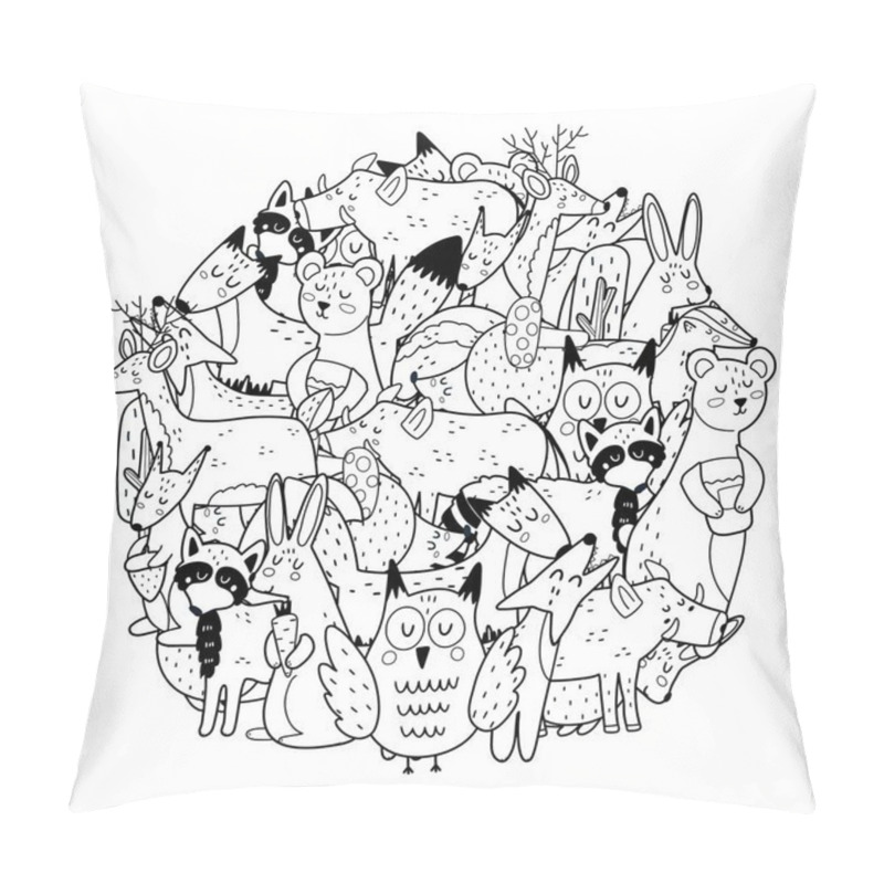 Personality  Circle Shape Coloring Page With Woodland Animals. Black And White Print Pillow Covers