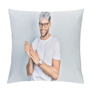 Personality  Young Hispanic Man With Modern Dyed Hair Wearing White T Shirt And Glasses Clapping And Applauding Happy And Joyful, Smiling Proud Hands Together  Pillow Covers