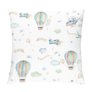 Personality  Watercolor Set Background Illustration Of A Cute And Fancy Sky Scene Complete With Airplanes, Helicopters And Balloons, Clouds. Boy Pattern. It's A Baby Shower Illustration Pillow Covers