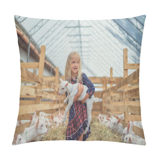 Personality  Smiling Adorable Kid Holding Goat At Farm Pillow Covers