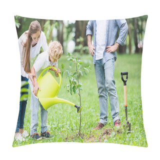 Personality  Mother Helping Son Watering Seedling In Park Near Father Pillow Covers