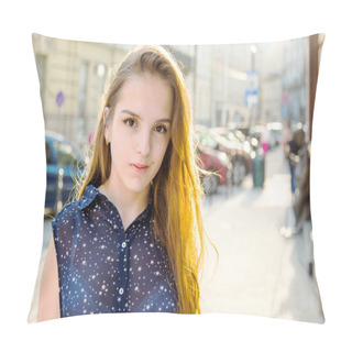 Personality  Portrait Of Teenage Girl. Girl With A Birthmark Over Her Lip. Spring Sunny Concept. 8 March. Happy Women's Day. Beautiful Girl Walking In The City. Pillow Covers