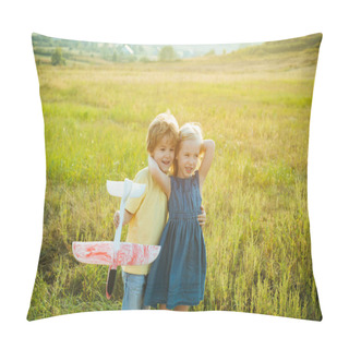 Personality  Smiling Children Having Fun With Toy Airplane In Autumn Park. Smiling Little Couple Walking Over Autumn Field Background. Sweet Childhood. Summer Portrait Of Happy Cute Children - Sister And Brother. Pillow Covers