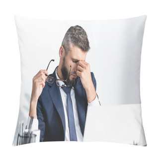 Personality  Overworked Businessman Holding Eyeglasses And Touching Eyes Near Laptop On Blurred Foreground  Pillow Covers