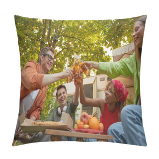 Personality  Happy Friends Clinking Beer Bottles At RV Camping. Touristic Adventure, Travel, Friendship And Recreation Concept Pillow Covers