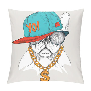 Personality  The Poster With The Image Dog Portrait In Hip-hop Hat. Vector Illustration. Pillow Covers