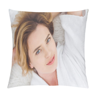 Personality  Top View Of Beautiful Woman Lying In Bed And Looking At Camera Pillow Covers