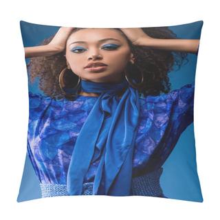 Personality  Attractive African American Woman In Stylish Dress Looking At Camera Isolated On Blue  Pillow Covers