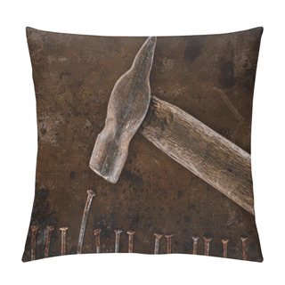 Personality  Flat Lay With Vintage Hammer And Nails On Rusty Tabletop Pillow Covers