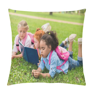 Personality  Multiethnic Kids Reading Book On Grass Pillow Covers